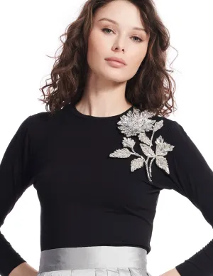 3/4 Sleeve Jersey Tee with Antique Flower Broach