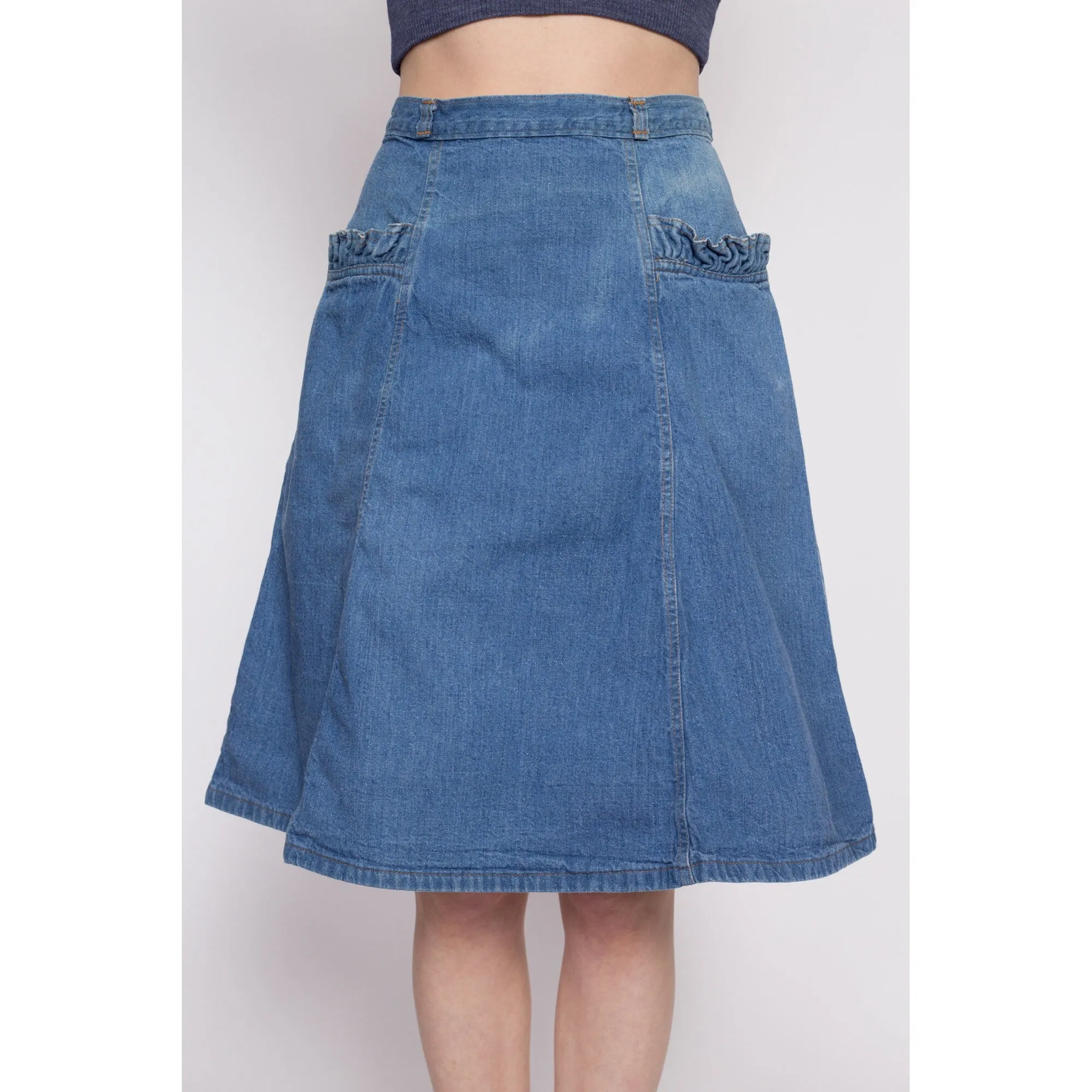 70s Denim Ruffle Pocket A-Line Skirt - Small, 27"