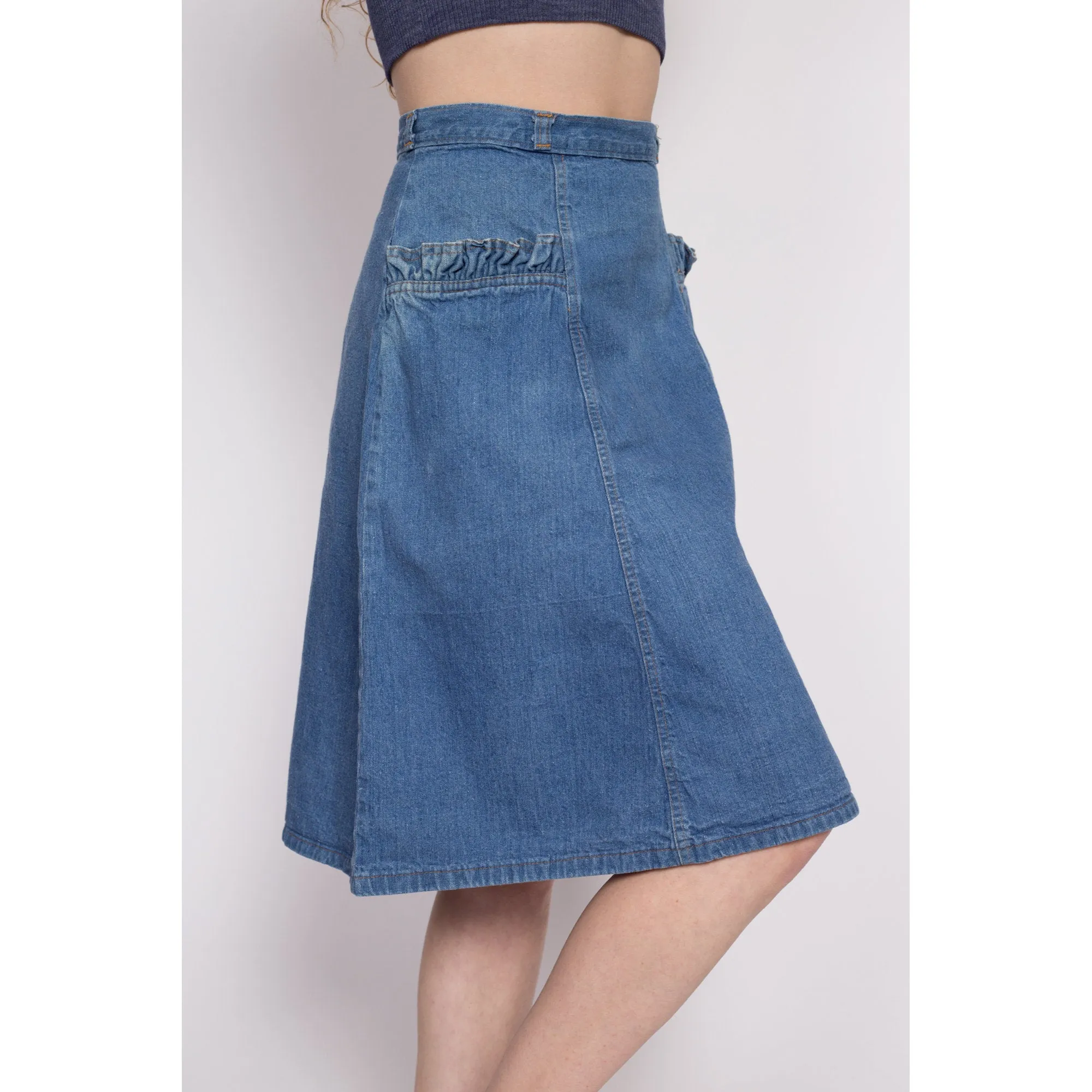 70s Denim Ruffle Pocket A-Line Skirt - Small, 27"