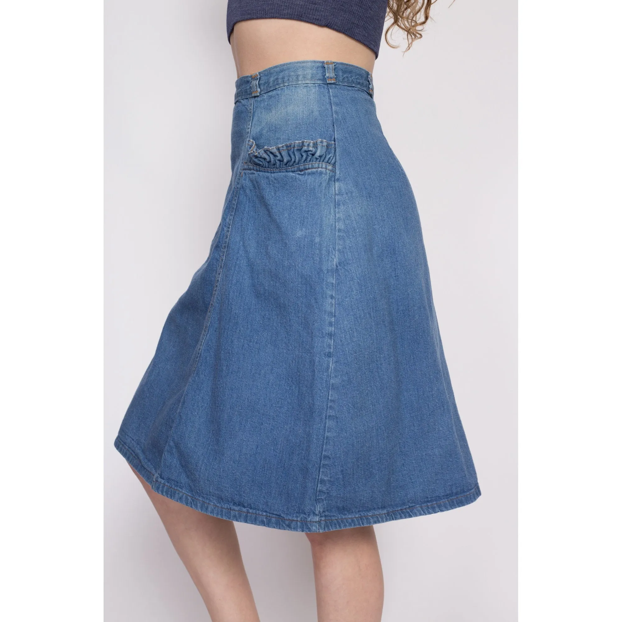 70s Denim Ruffle Pocket A-Line Skirt - Small, 27"