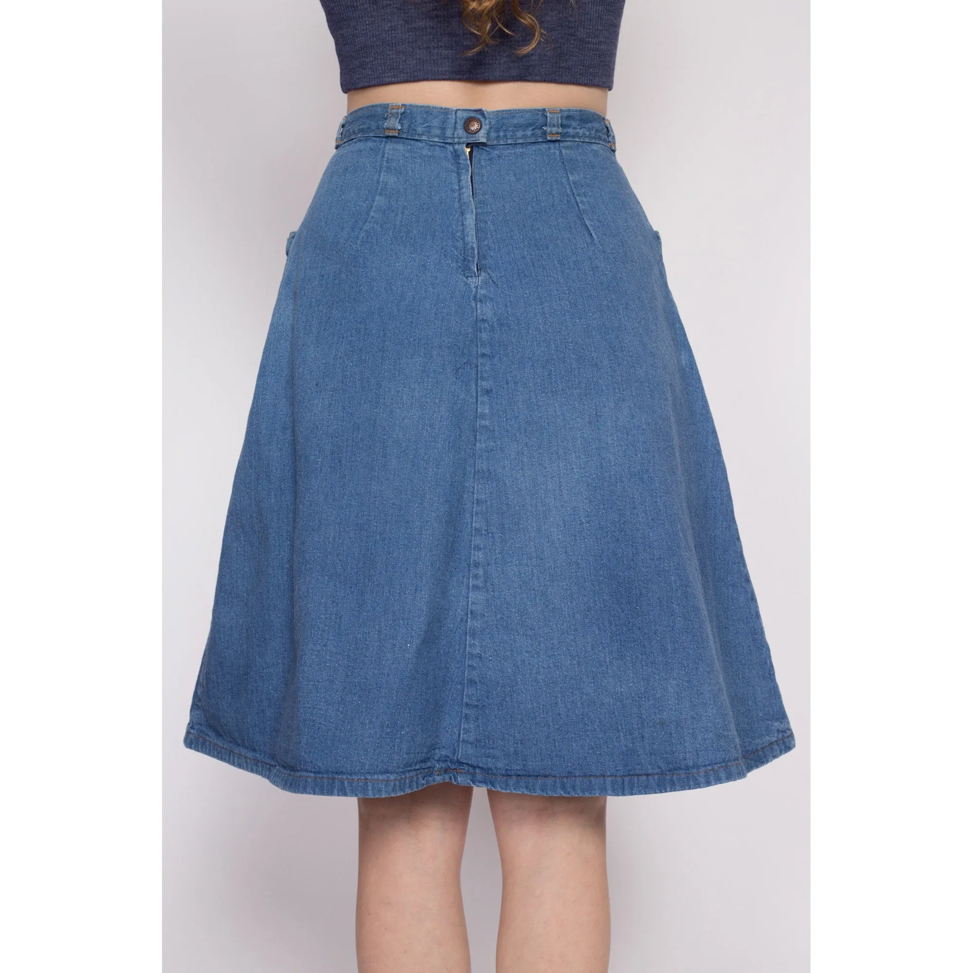 70s Denim Ruffle Pocket A-Line Skirt - Small, 27"