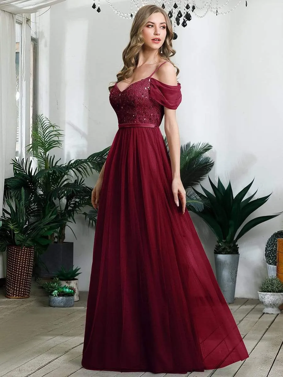 A-Line Sweetheart Neckline Ruffle Sleeve Tulle Wholesale Bridesmaid Dress