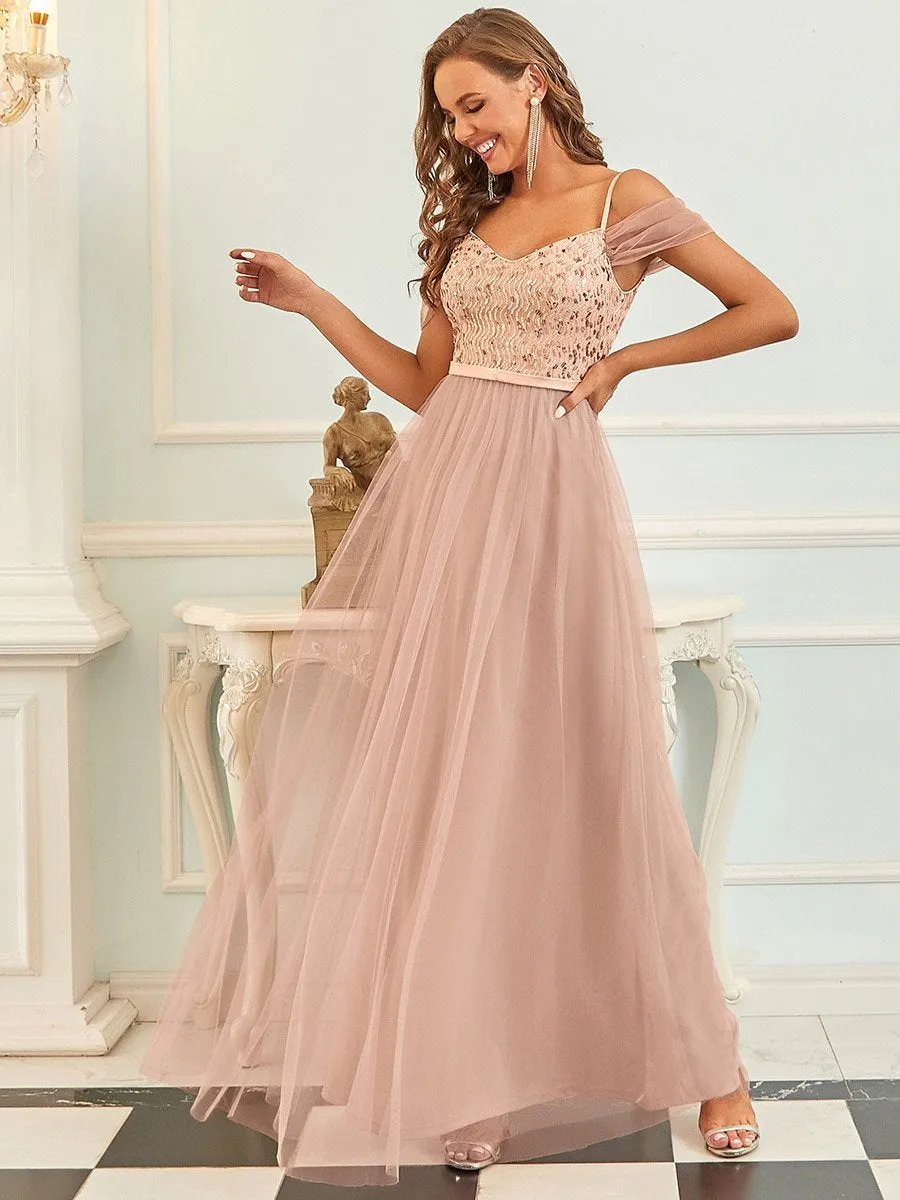 A-Line Sweetheart Neckline Ruffle Sleeve Tulle Wholesale Bridesmaid Dress