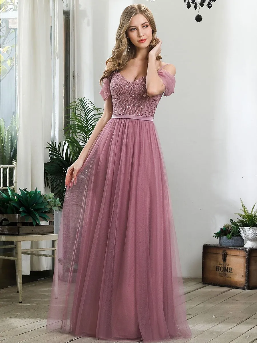 A-Line Sweetheart Neckline Ruffle Sleeve Tulle Wholesale Bridesmaid Dress