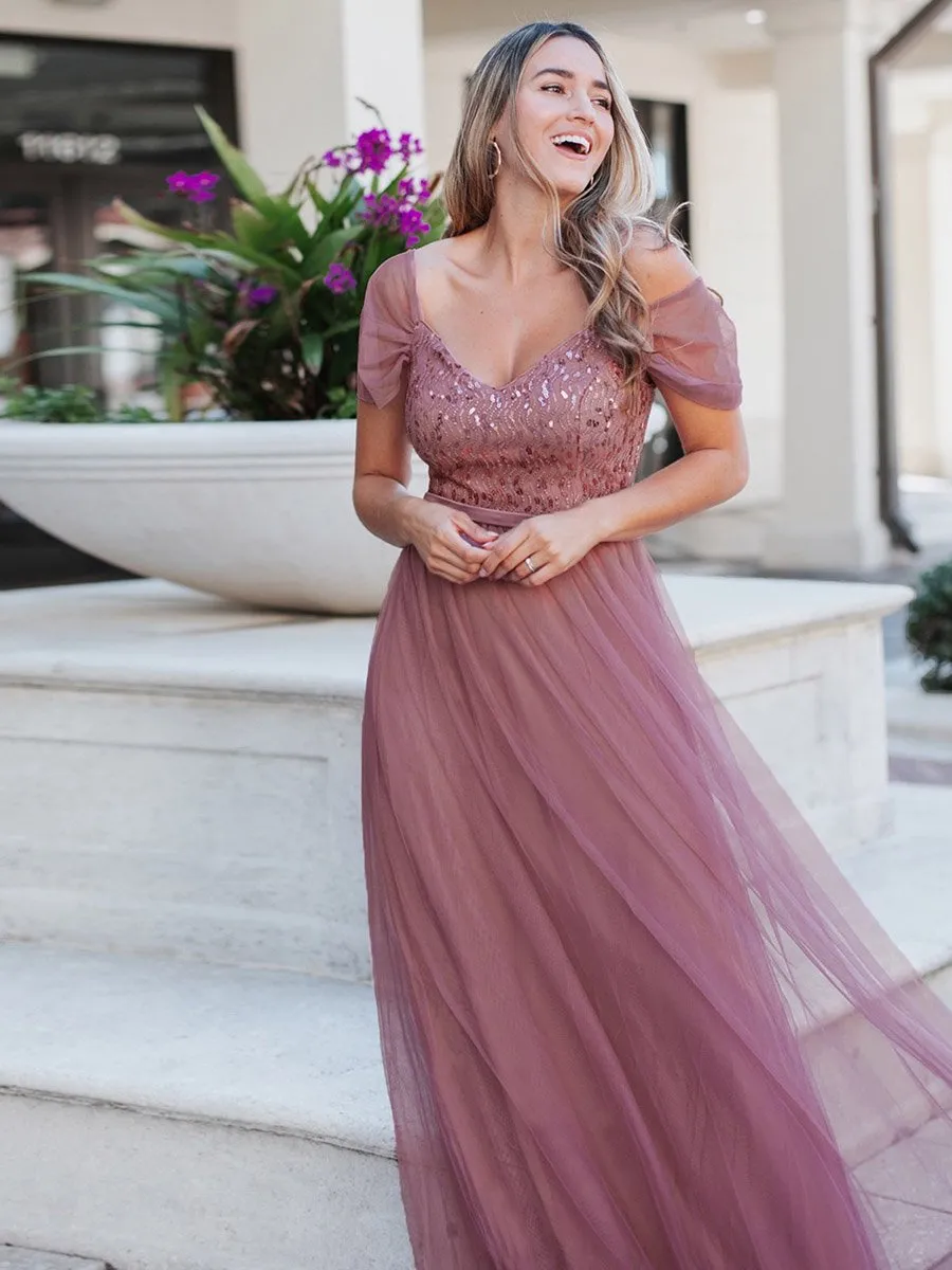 A-Line Sweetheart Neckline Ruffle Sleeve Tulle Wholesale Bridesmaid Dress