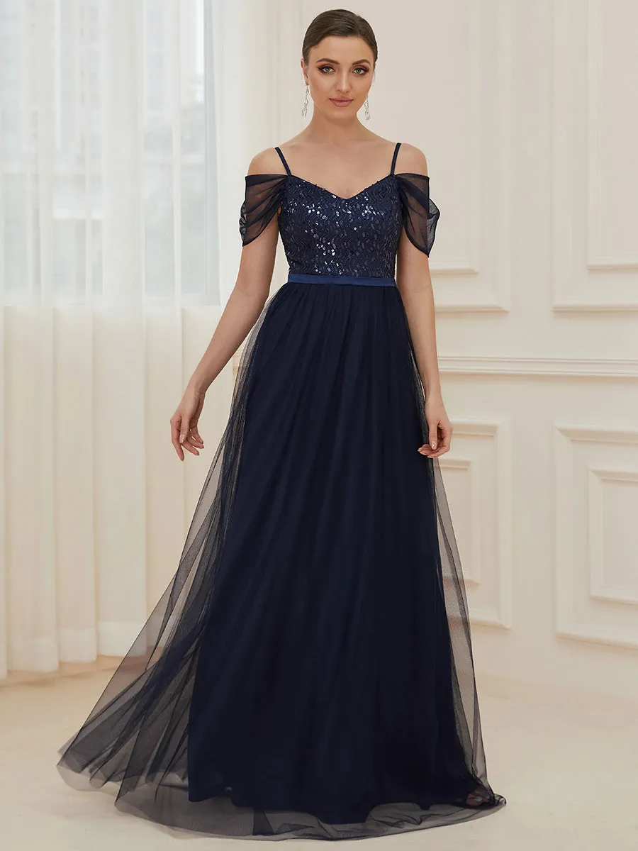 A-Line Sweetheart Neckline Ruffle Sleeve Tulle Wholesale Bridesmaid Dress