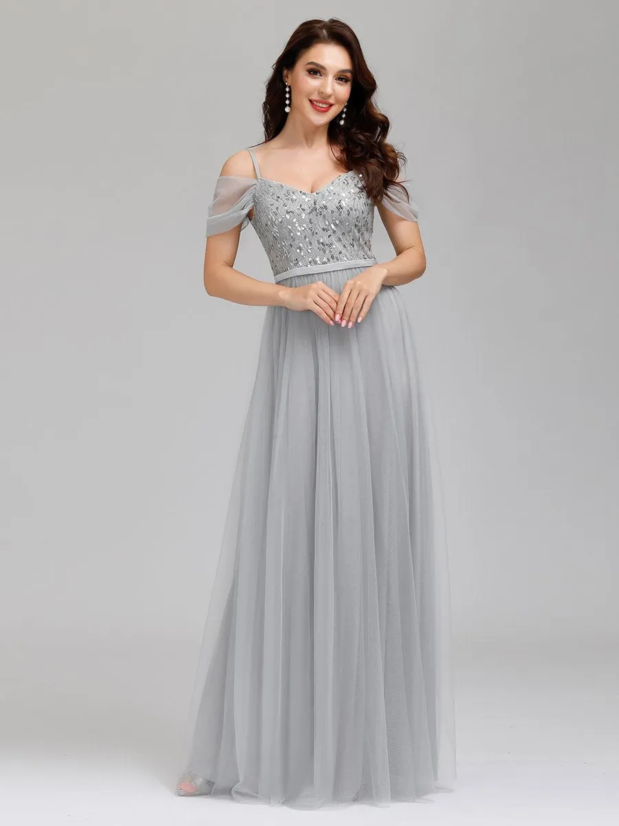 A-Line Sweetheart Neckline Ruffle Sleeve Tulle Wholesale Bridesmaid Dress