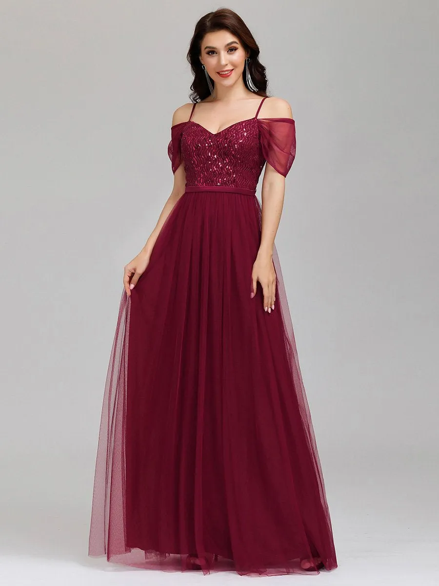 A-Line Sweetheart Neckline Ruffle Sleeve Tulle Wholesale Bridesmaid Dress