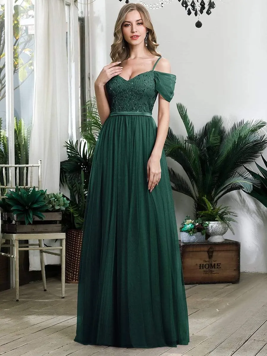 A-Line Sweetheart Neckline Ruffle Sleeve Tulle Wholesale Bridesmaid Dress