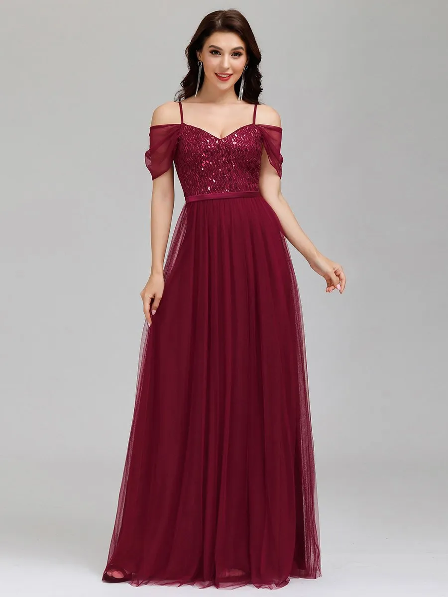 A-Line Sweetheart Neckline Ruffle Sleeve Tulle Wholesale Bridesmaid Dress