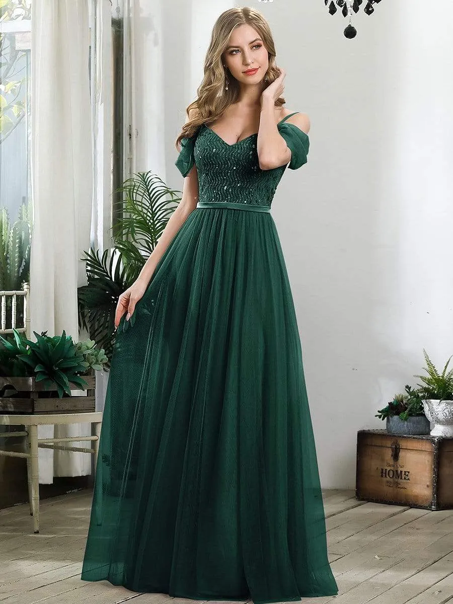 A-Line Sweetheart Neckline Ruffle Sleeve Tulle Wholesale Bridesmaid Dress