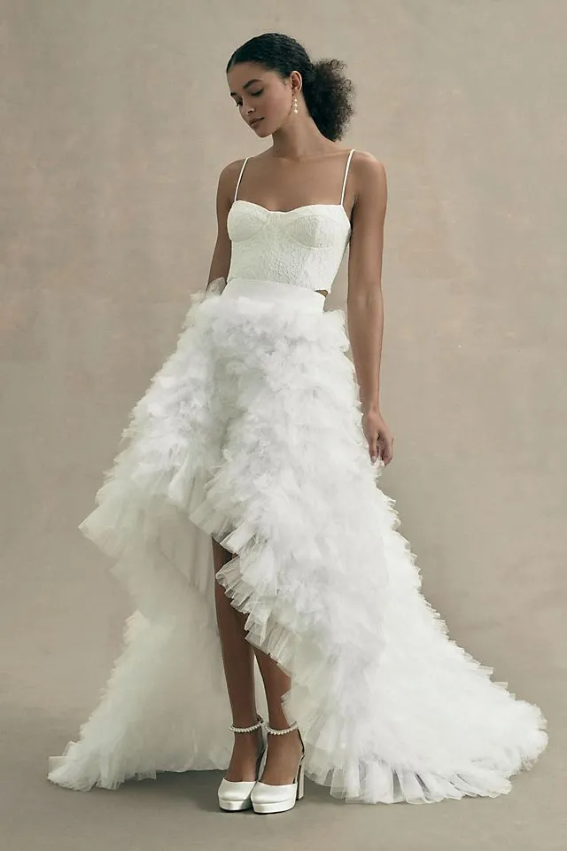 Aphrodite Morphine Fashion Tiered Ruffle High Neck Tulle Wedding Skirt , ivory