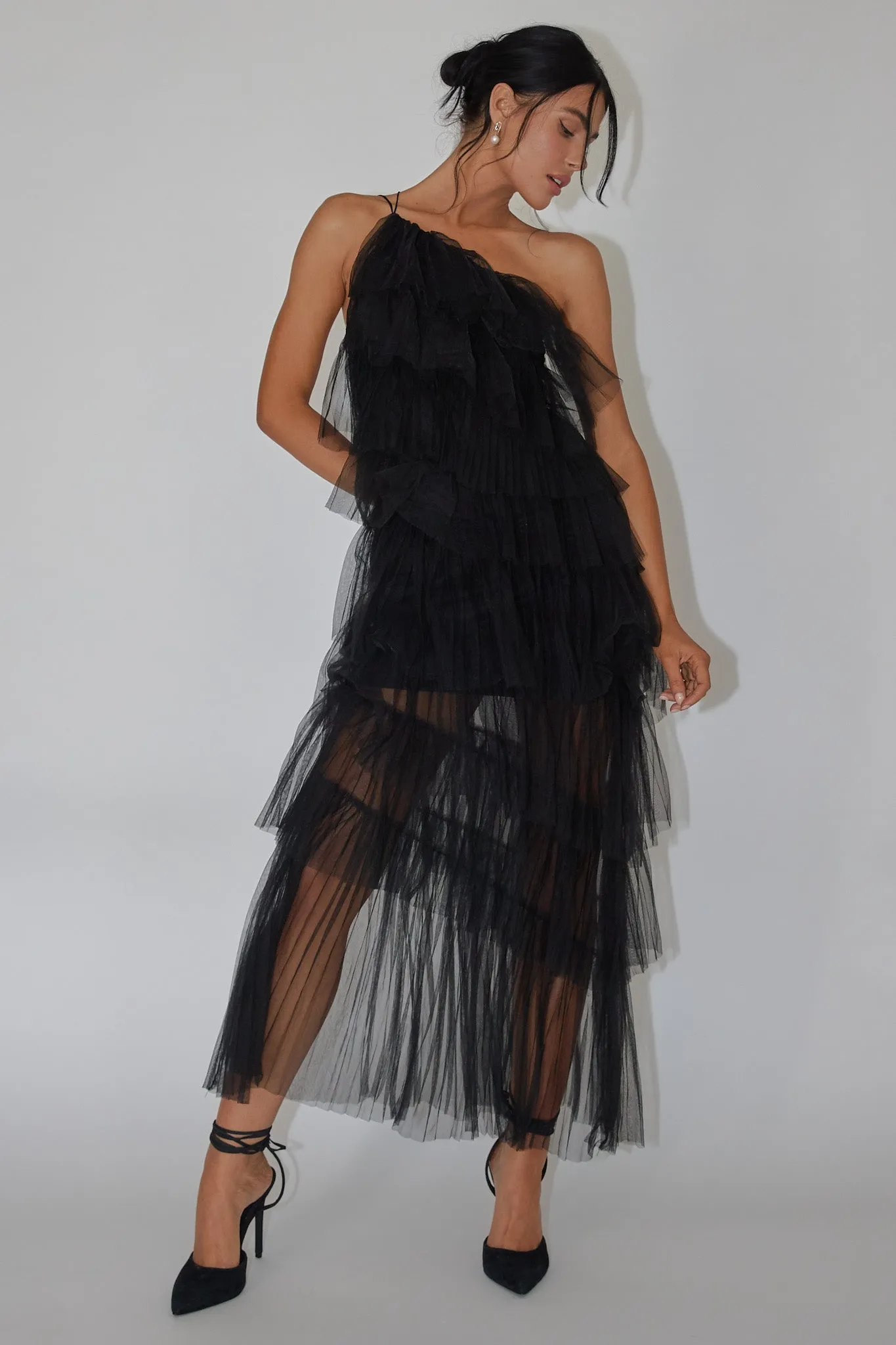 Arrabel Tiered Ruffle Tulle Maxi Dress Black