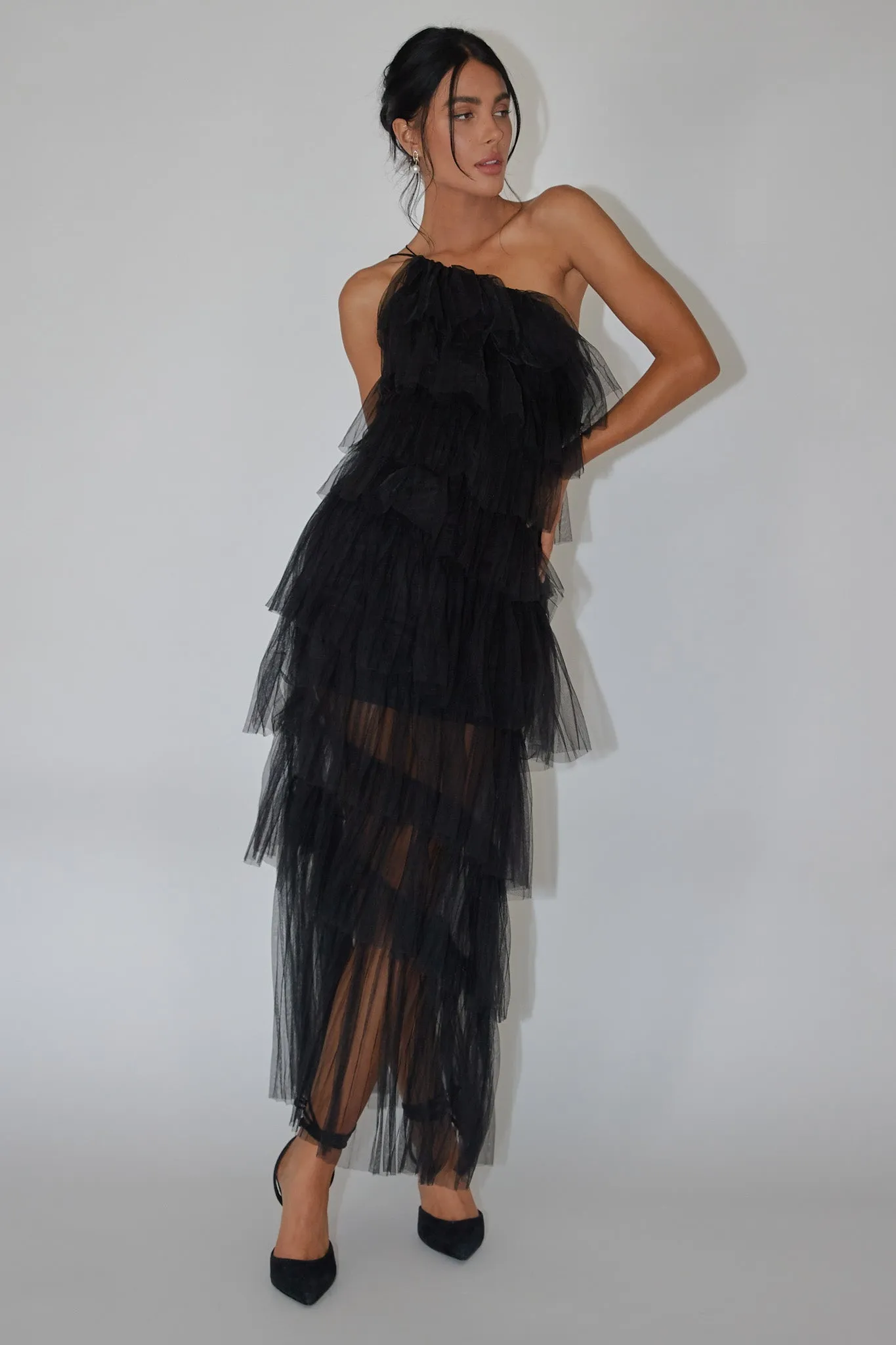 Arrabel Tiered Ruffle Tulle Maxi Dress Black