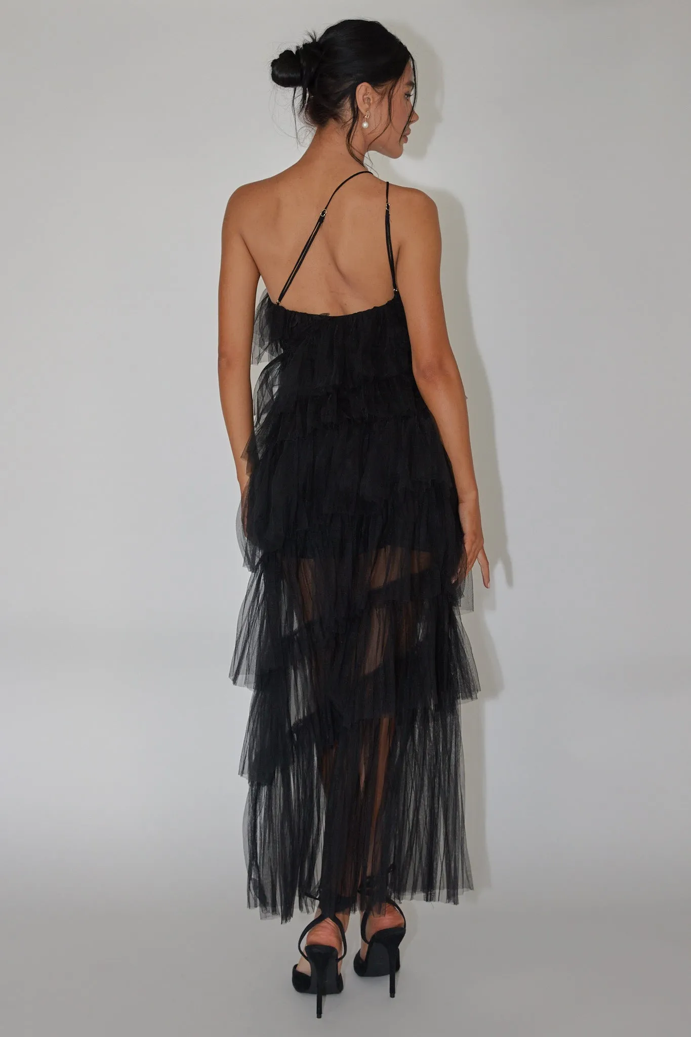 Arrabel Tiered Ruffle Tulle Maxi Dress Black