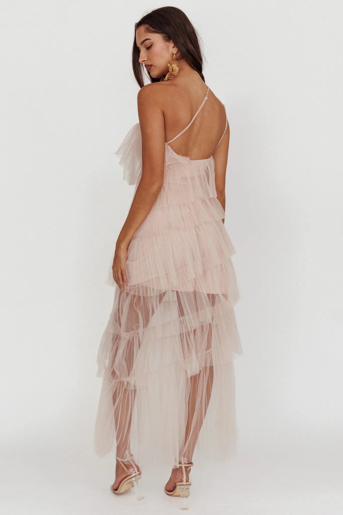 Arrabel Tiered Ruffle Tulle Maxi Dress Blush