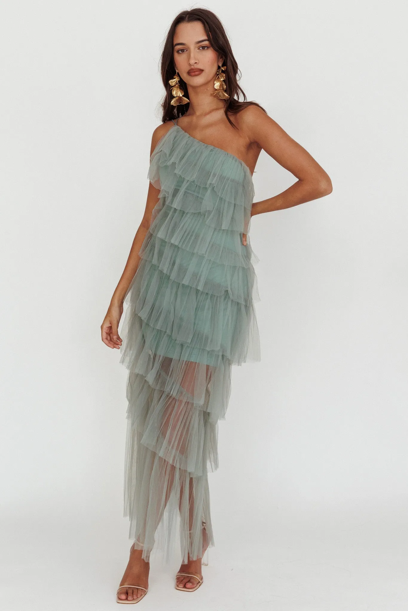 Arrabel Tiered Ruffle Tulle Maxi Dress Sage