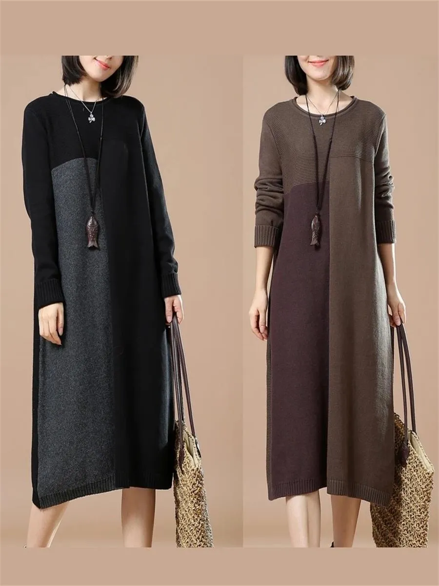 Autumn And Winter Casual Color Matching Women'S Sweater Dress