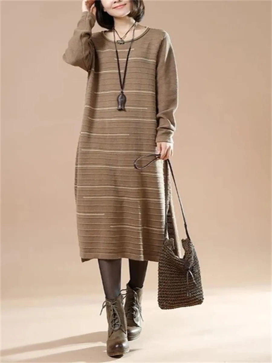 Autumn And Winter Women'S Striped Loose Sweater Dress