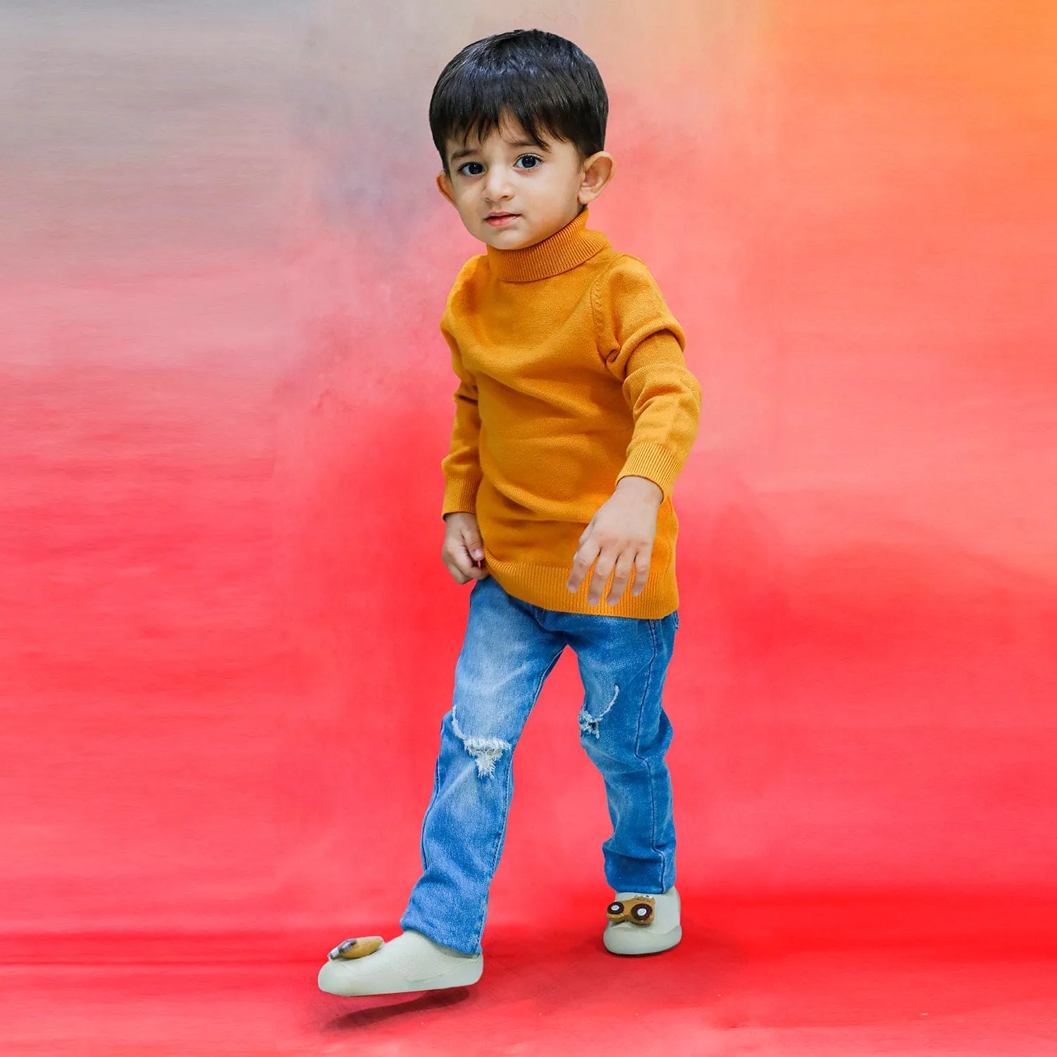 Basic Polo Neck Ribbed Premium Full Sleeves Knitted Kids Sweater - Orange