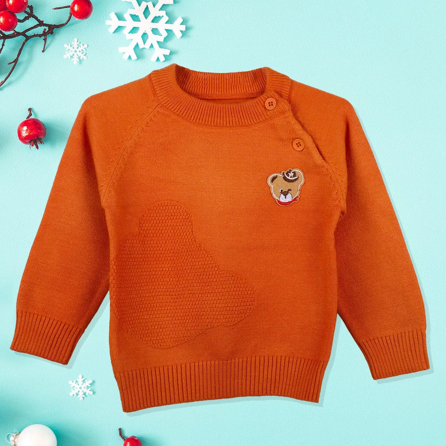 Bear Embroidery Premium Full Sleeves Knitted Sweater - Orange