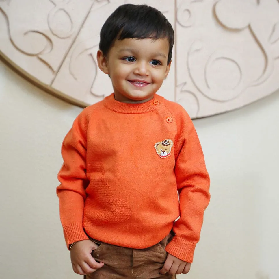 Bear Embroidery Premium Full Sleeves Knitted Sweater - Orange