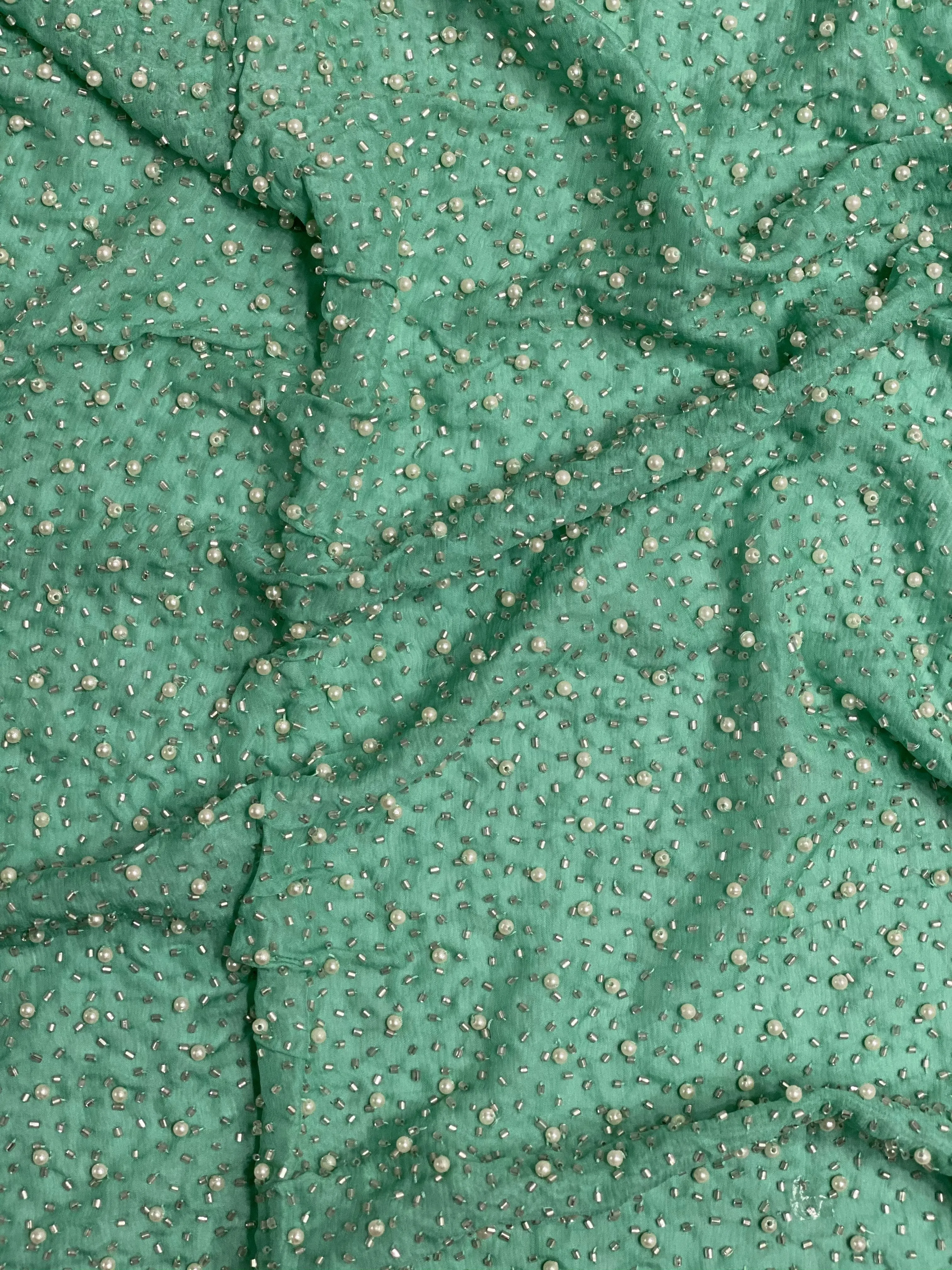 Biscay Green Sequin & Beads On Silk Chiffon JEC-011-25 Fabric