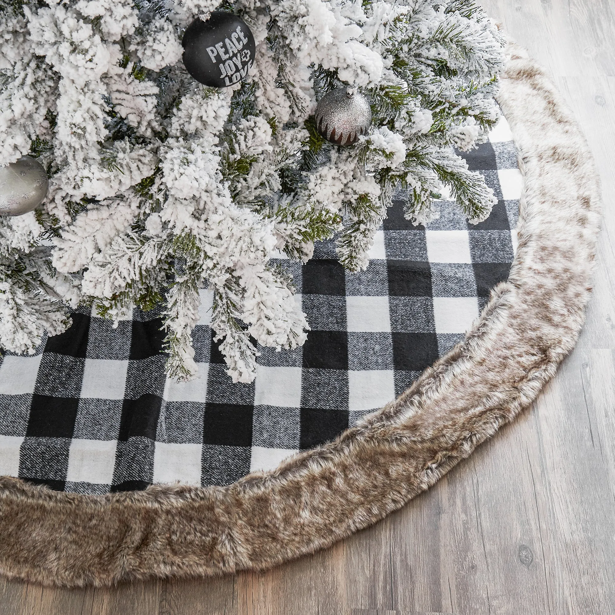 Black and White Buffalo Plaid Tree Skirt With Faux Fur Trim - 66"