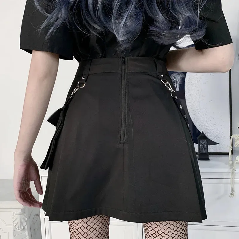 Black Functional Gothic Harajuku Goth Irregular Waist Tooling Waist High Pleated Y2k Chain A-line Skirt