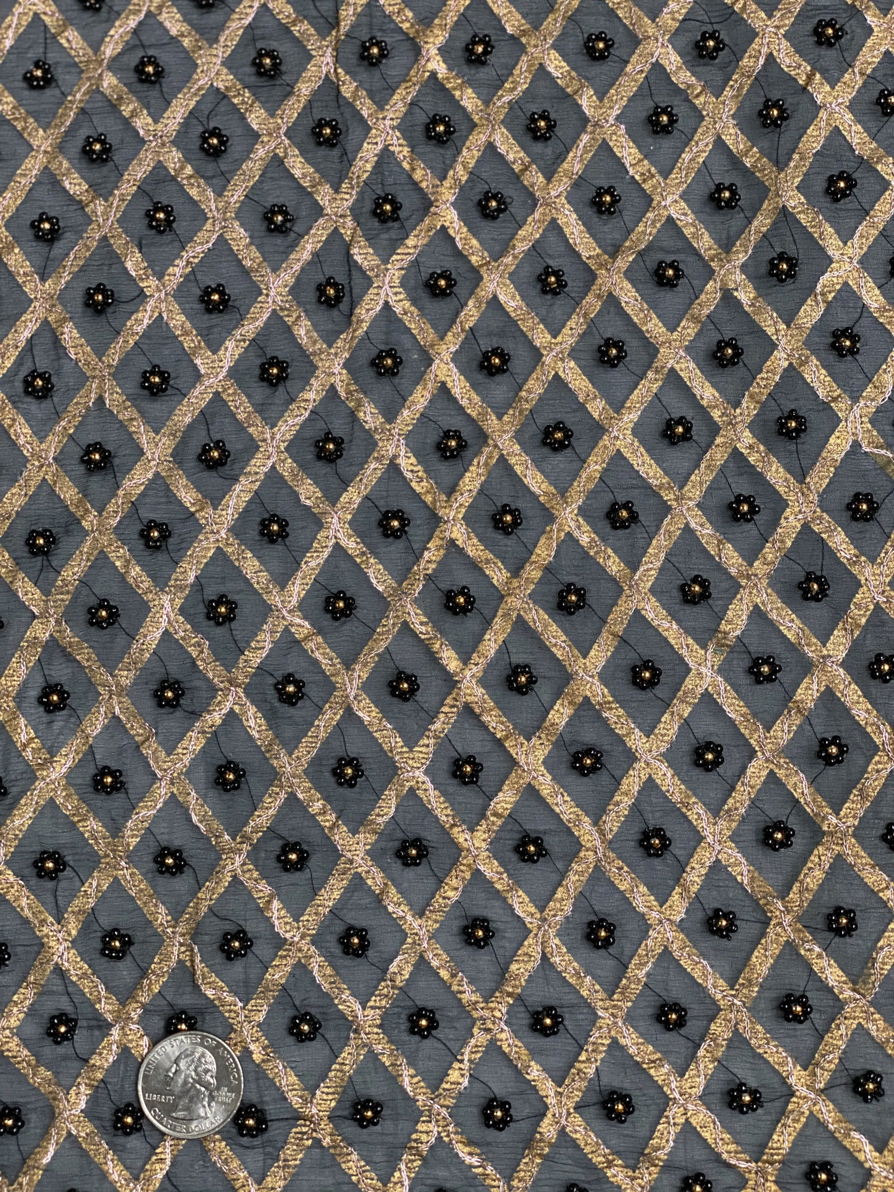 Black Gold Sequin & Beads On Silk Chiffon JEC-001 Fabric