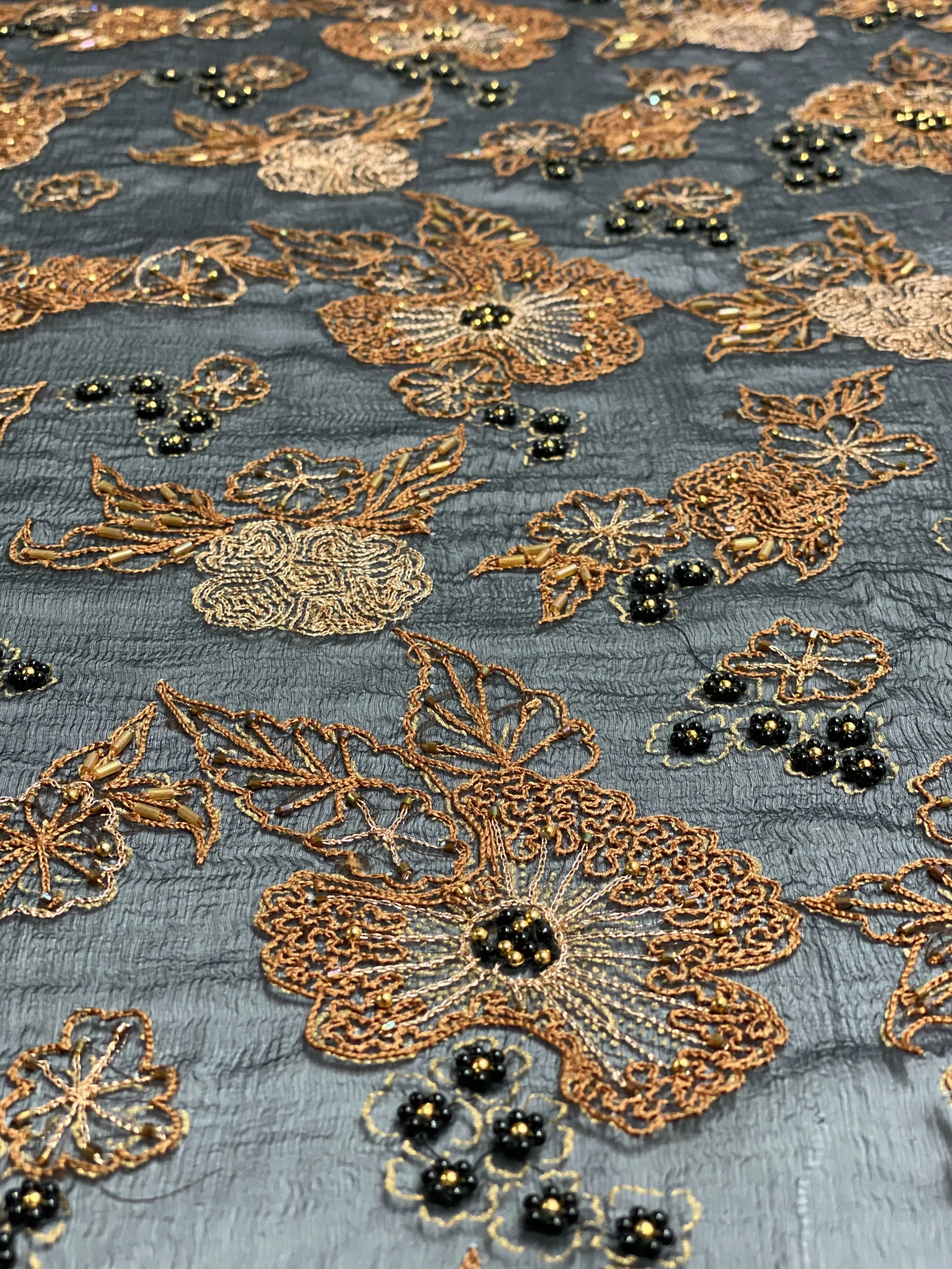 Black Tan Brown Sequin & Beads On Silk Chiffon JEC-022 Fabric