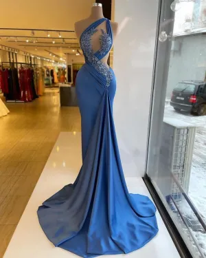 Blue Prom Dresses, One Shoulder Prom Dresses, Sexy Prom Dresses, Sashes Prom Dresses, Satin Prom Dresses, Arrival Evening Gowns      S3750