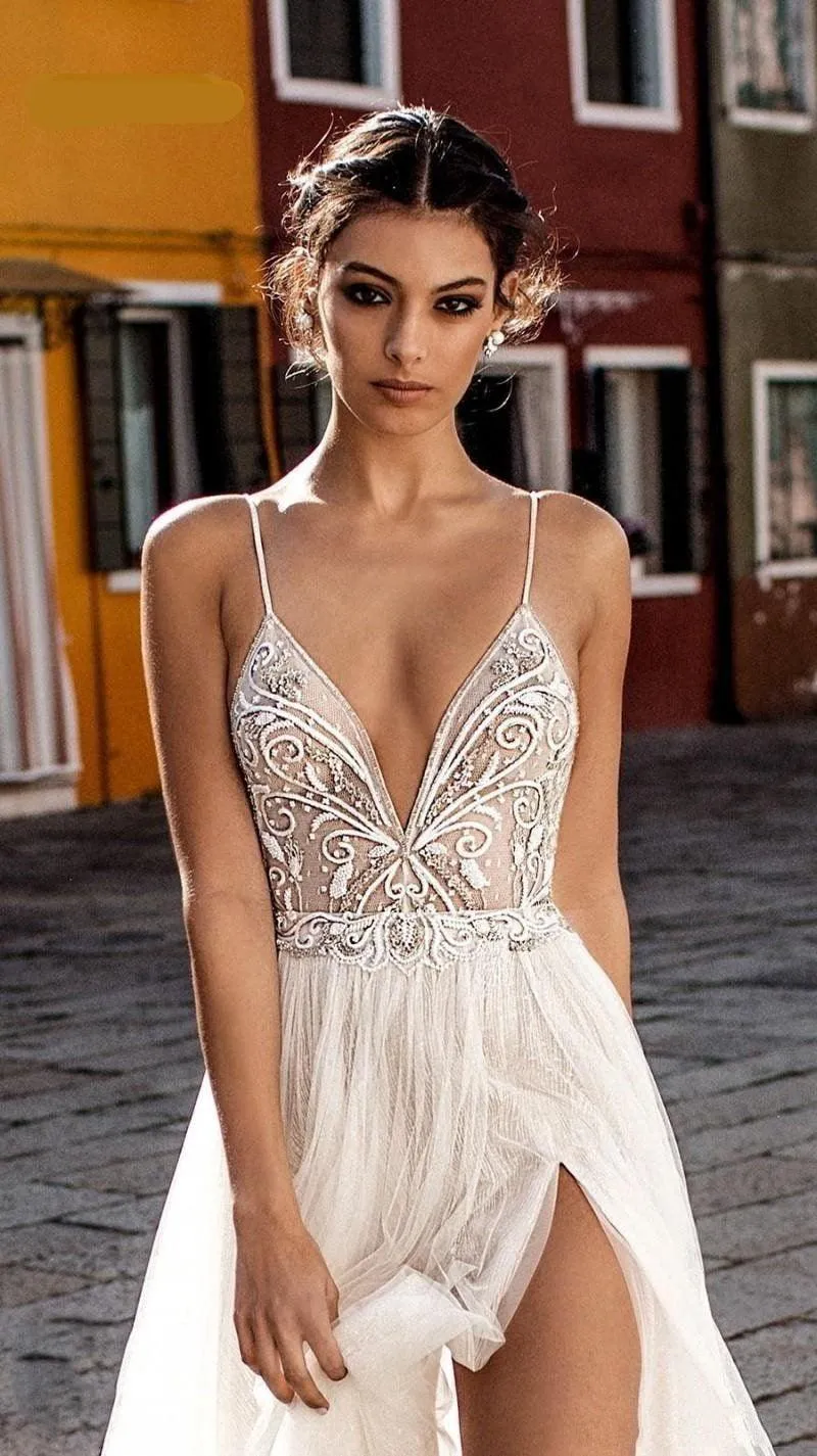 Boho Spaghetti Straps Lace Beach Wedding Dress