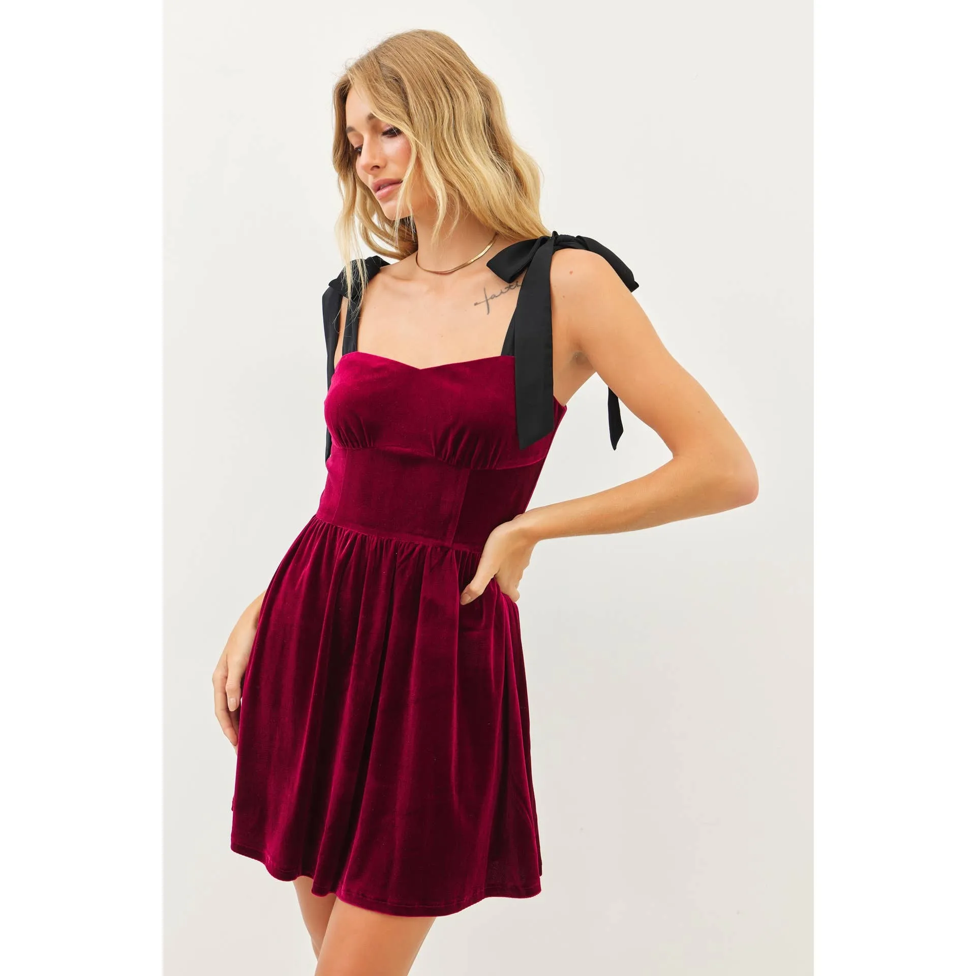 Burgundy Velvet Mini Dress W/ Ribbon Strap