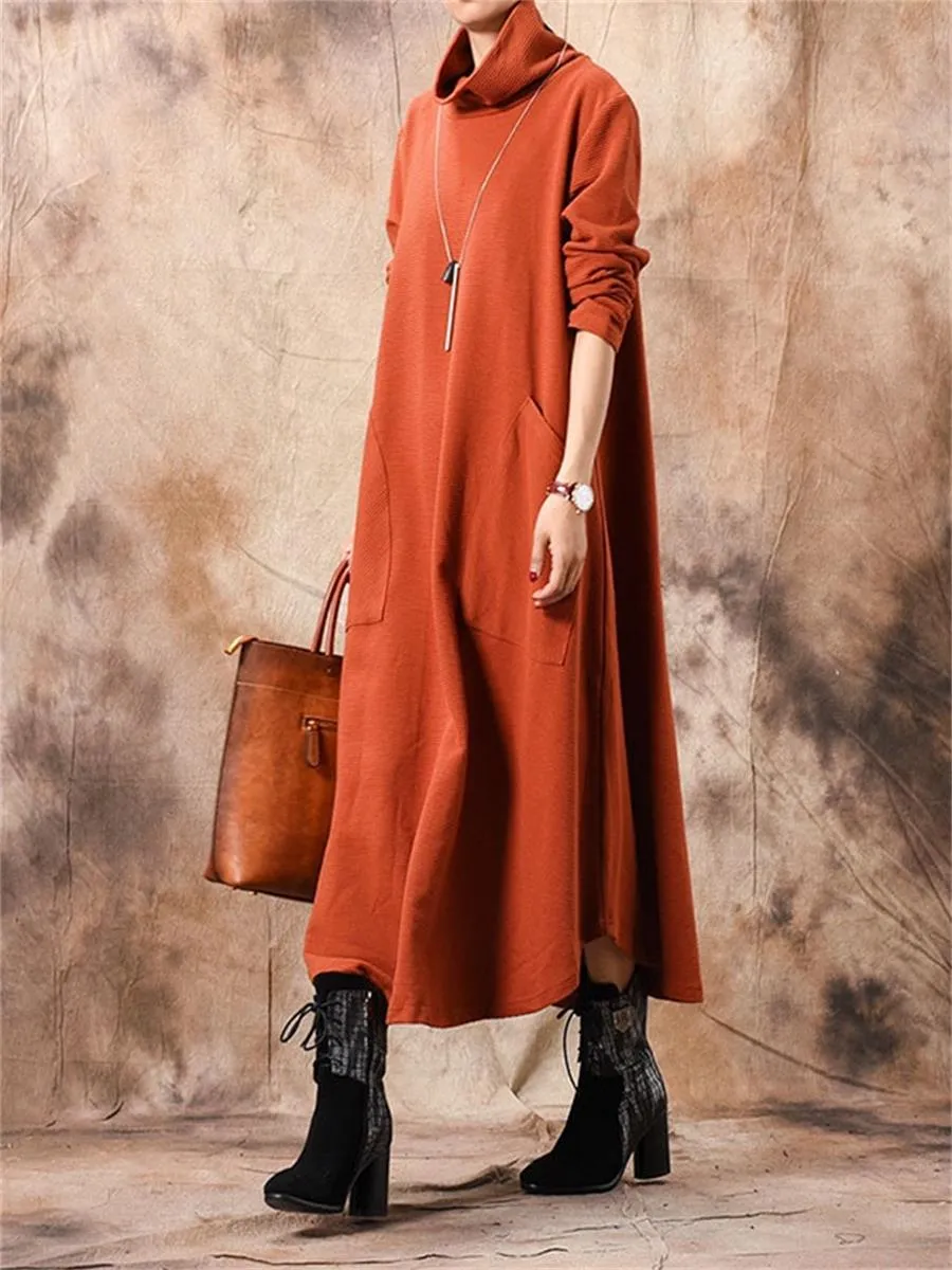 Casual High Collar Pocket Solid Color Women'S Knitted Dress