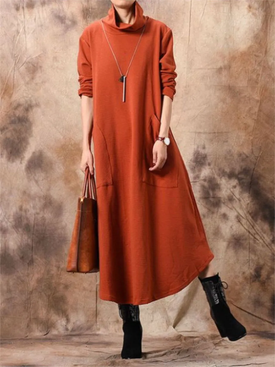 Casual High Collar Pocket Solid Color Women'S Knitted Dress