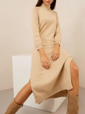 Casual Solid Color High Neck Knitted Split Dress