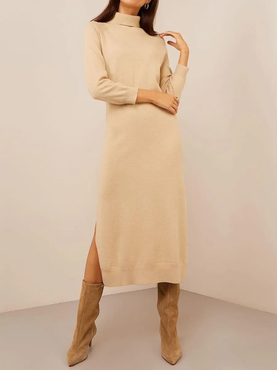 Casual Solid Color High Neck Knitted Split Dress