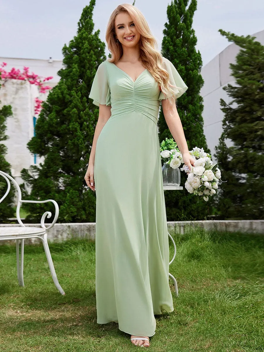 Chiffon Pleated Wholesale Bridesmaid Dress with Ruffle Short Sleeves