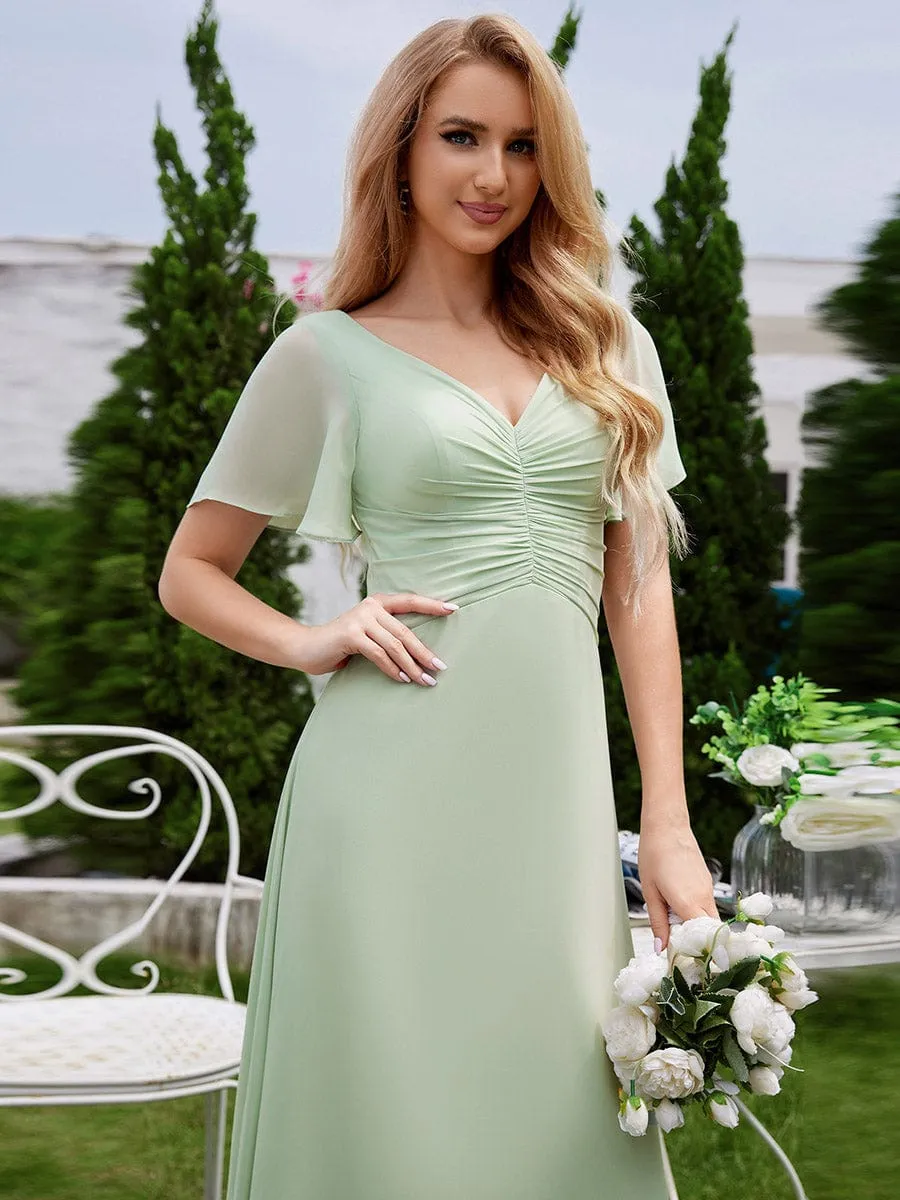 Chiffon Pleated Wholesale Bridesmaid Dress with Ruffle Short Sleeves