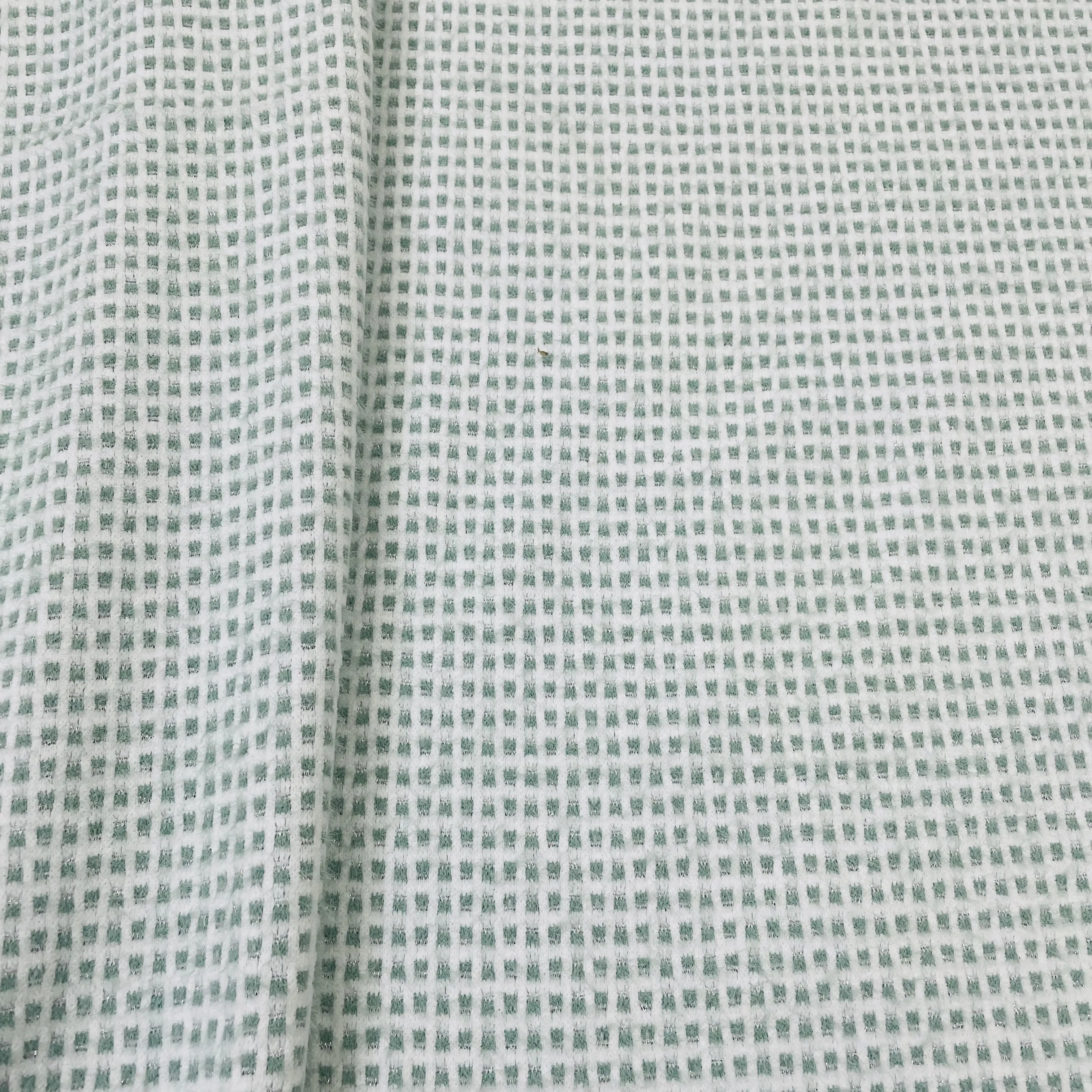 Classic Green White Check Print Woollen Tweed Lycra Fabric