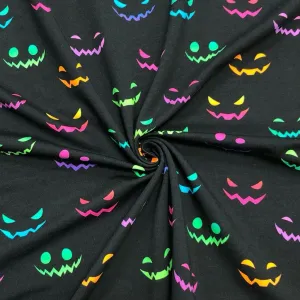 Colourful Halloween Faces on Black French Terry Fabric