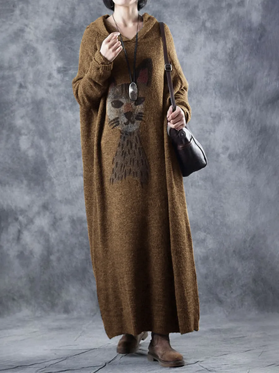 Cute Cat Print Hooded Women'S Knitted Dress