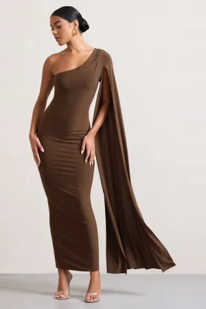 Dominique | Chocolate Brown One Shoulder Cape Sleeve Bodycon Maxi Dress