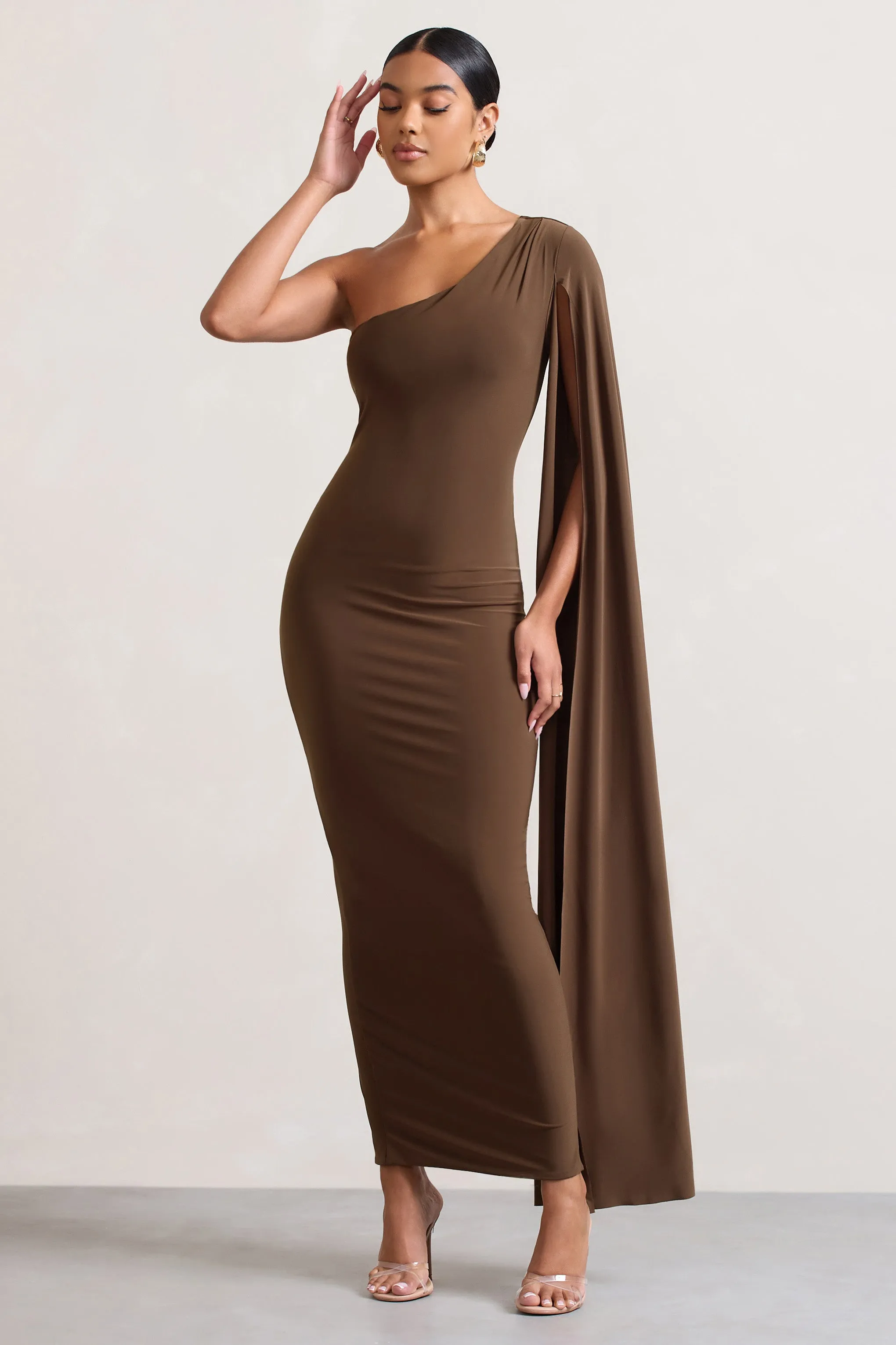 Dominique | Chocolate Brown One Shoulder Cape Sleeve Bodycon Maxi Dress