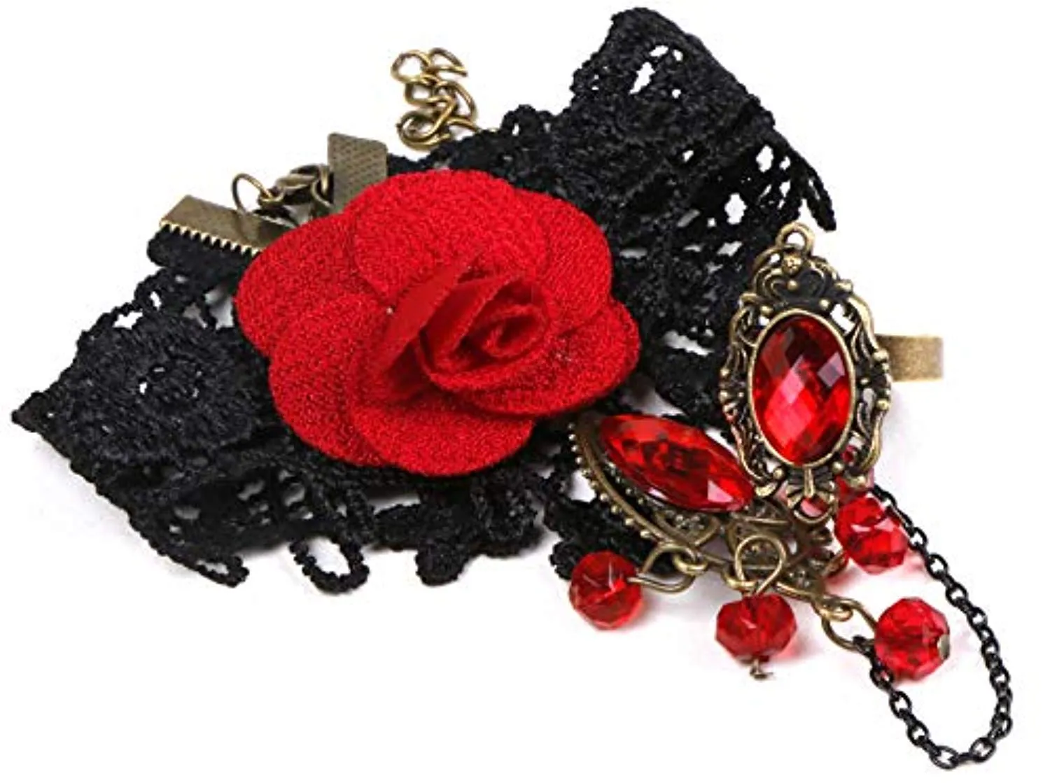 Electomania Red Black Rose Lace with Finger Ring Bracelet for Women (Red)