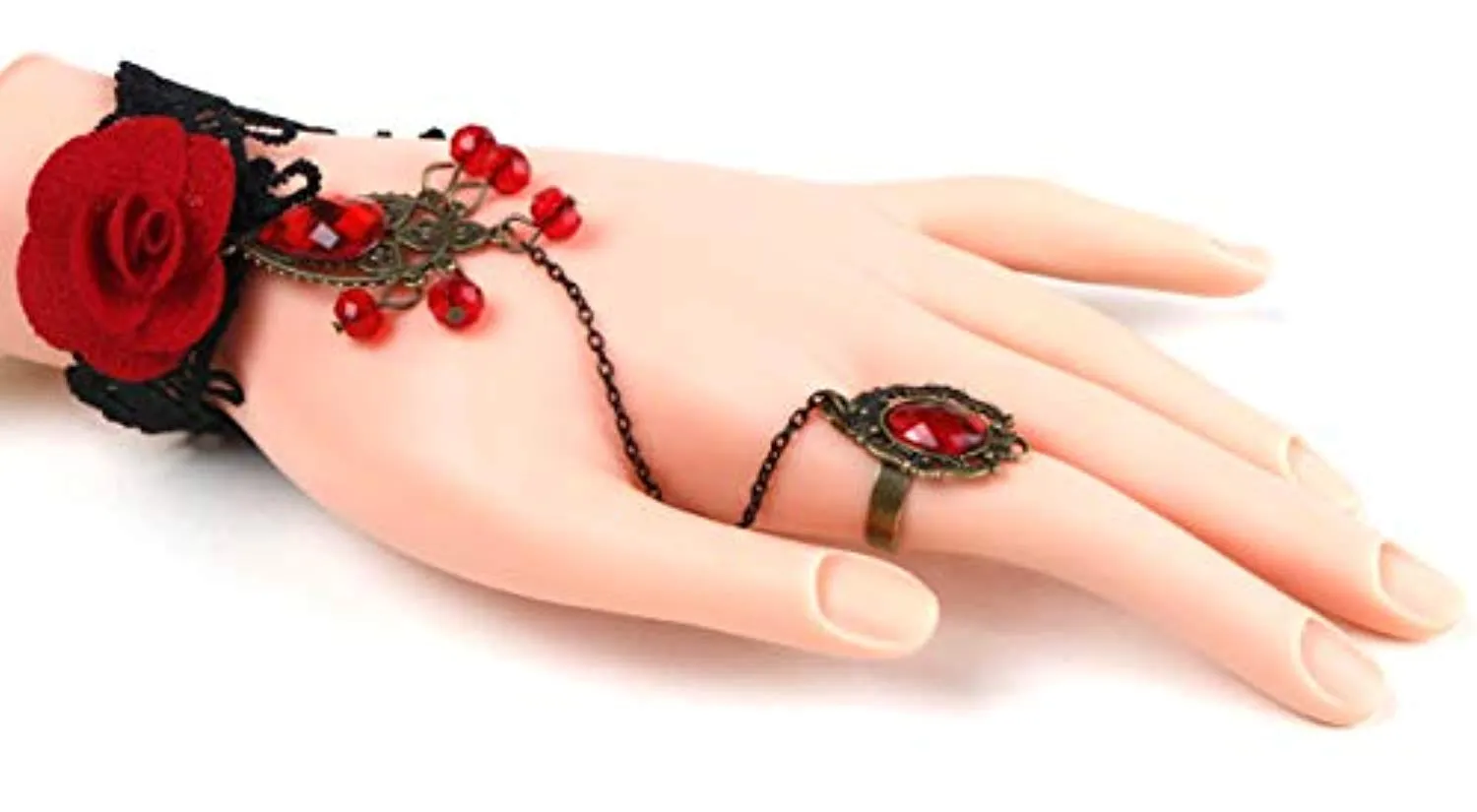 Electomania Red Black Rose Lace with Finger Ring Bracelet for Women (Red)