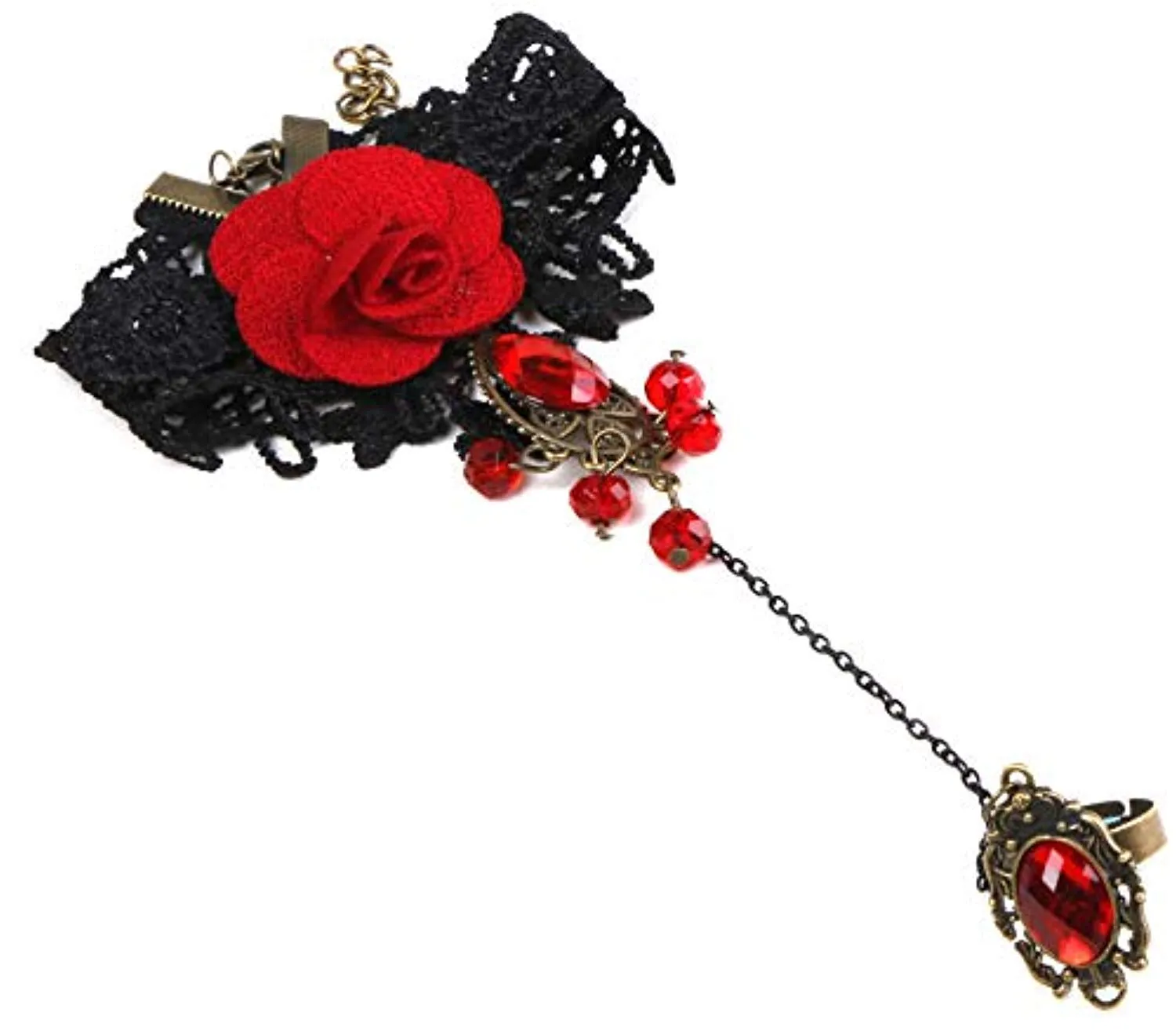 Electomania Red Black Rose Lace with Finger Ring Bracelet for Women (Red)