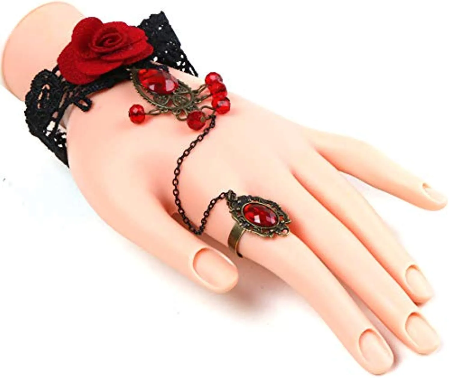 Electomania Red Black Rose Lace with Finger Ring Bracelet for Women (Red)