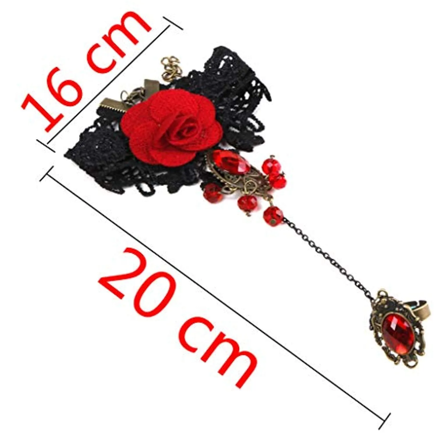 Electomania Red Black Rose Lace with Finger Ring Bracelet for Women (Red)